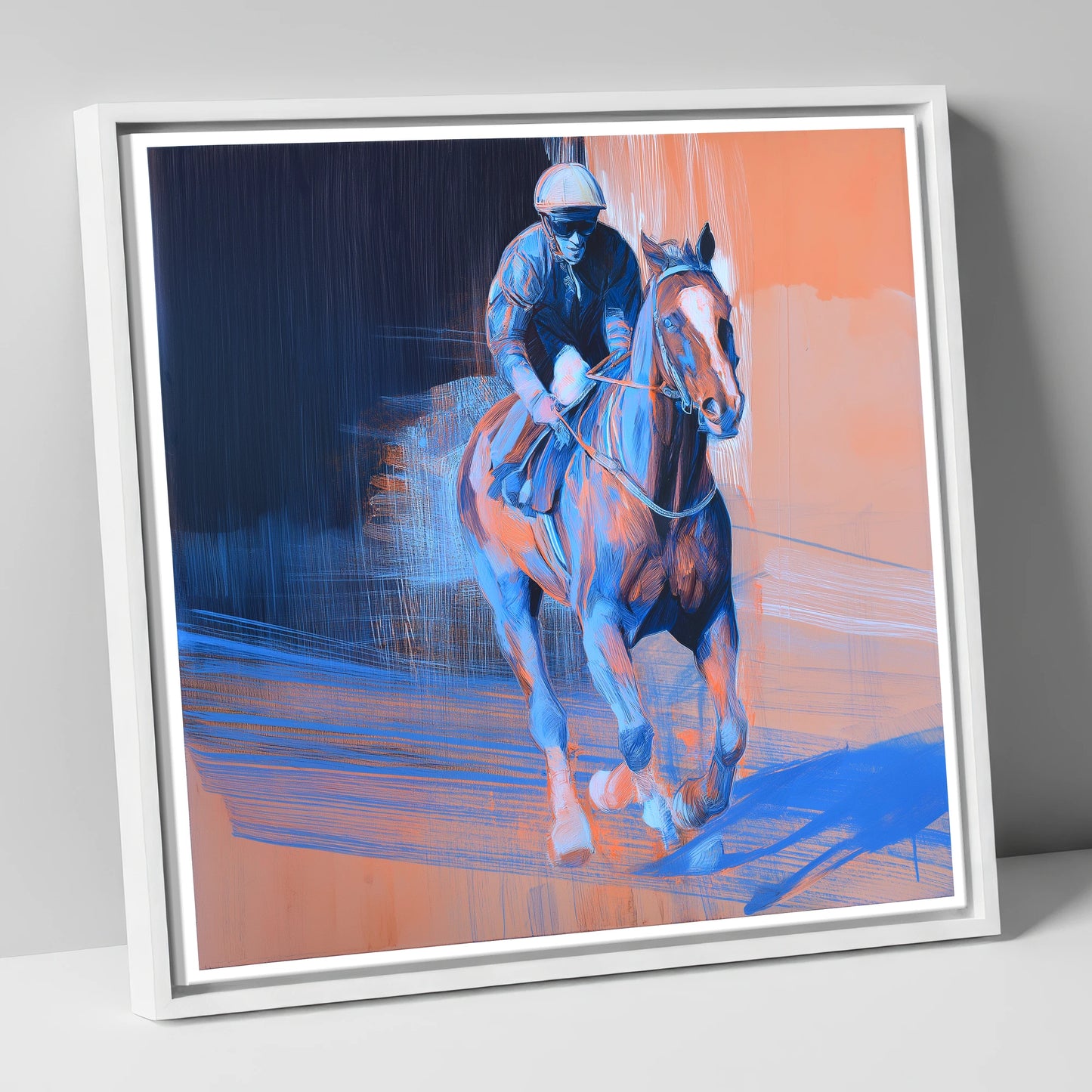 Shadows on the Track racing horse canvas wall art in white frame