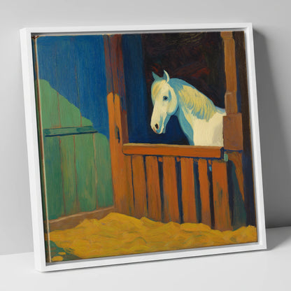 The Blue Shadowed Grey horse stable canvas wall art in white frame