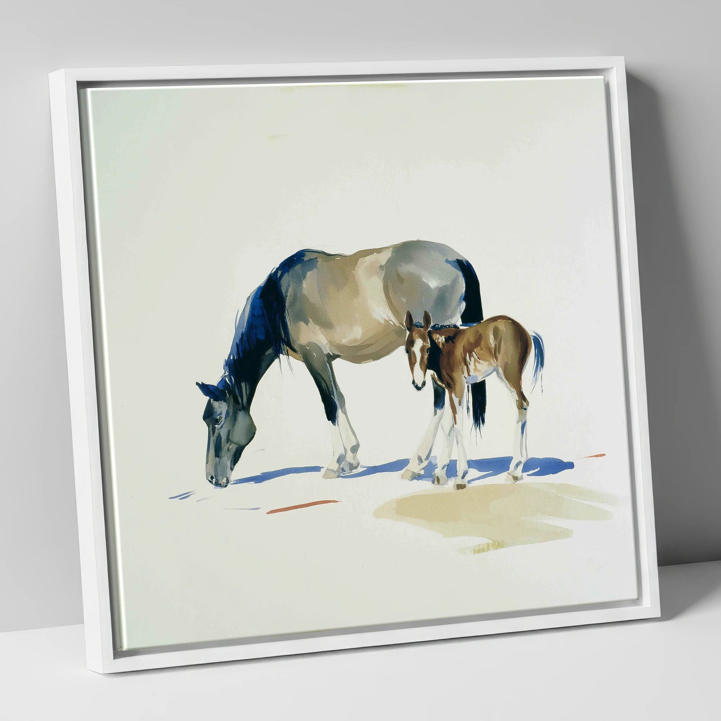Spring Pasture Shadows mare & foal canvas wall art in white frame