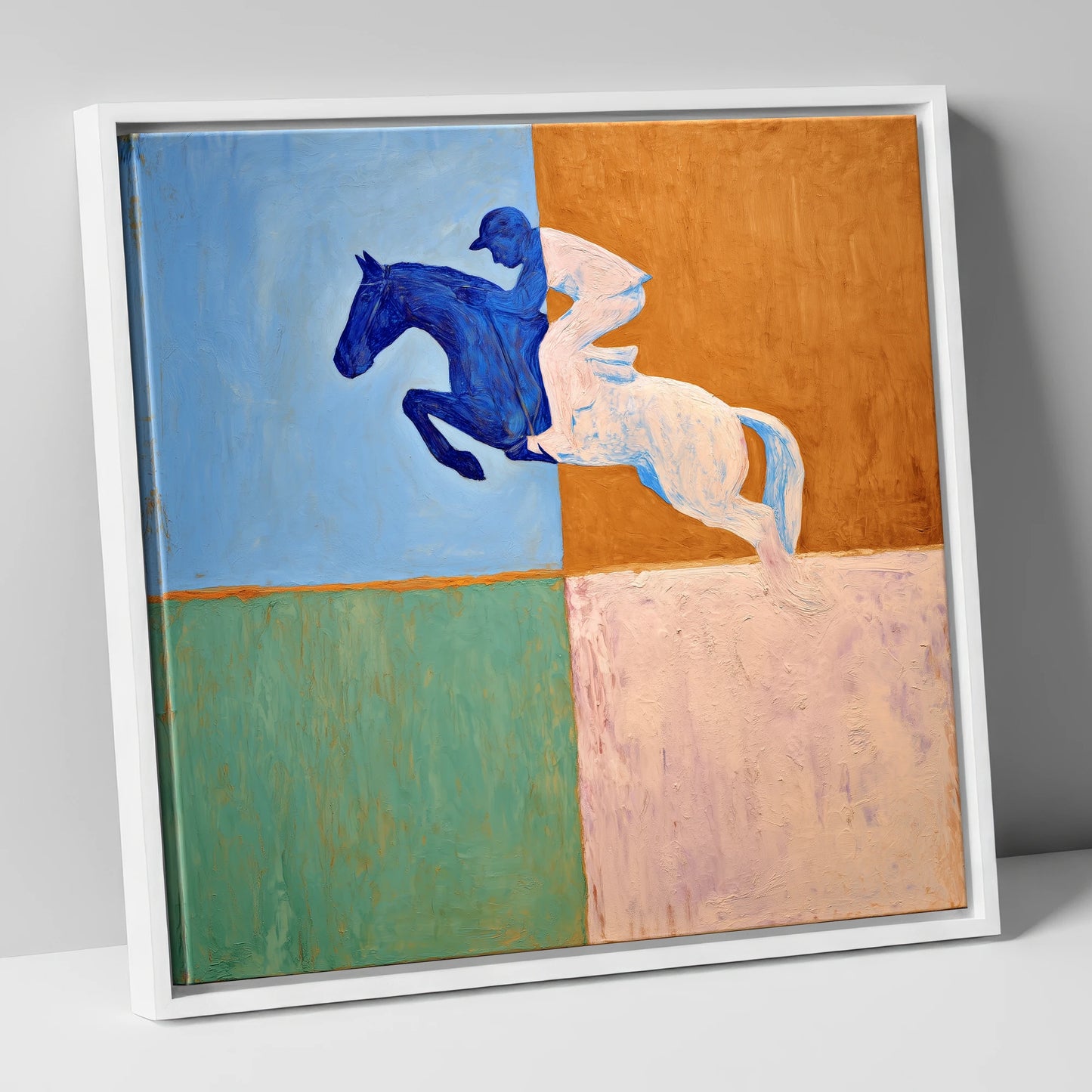 Abstract Cobalt Leap show jumping horse canvas wall art in white frame