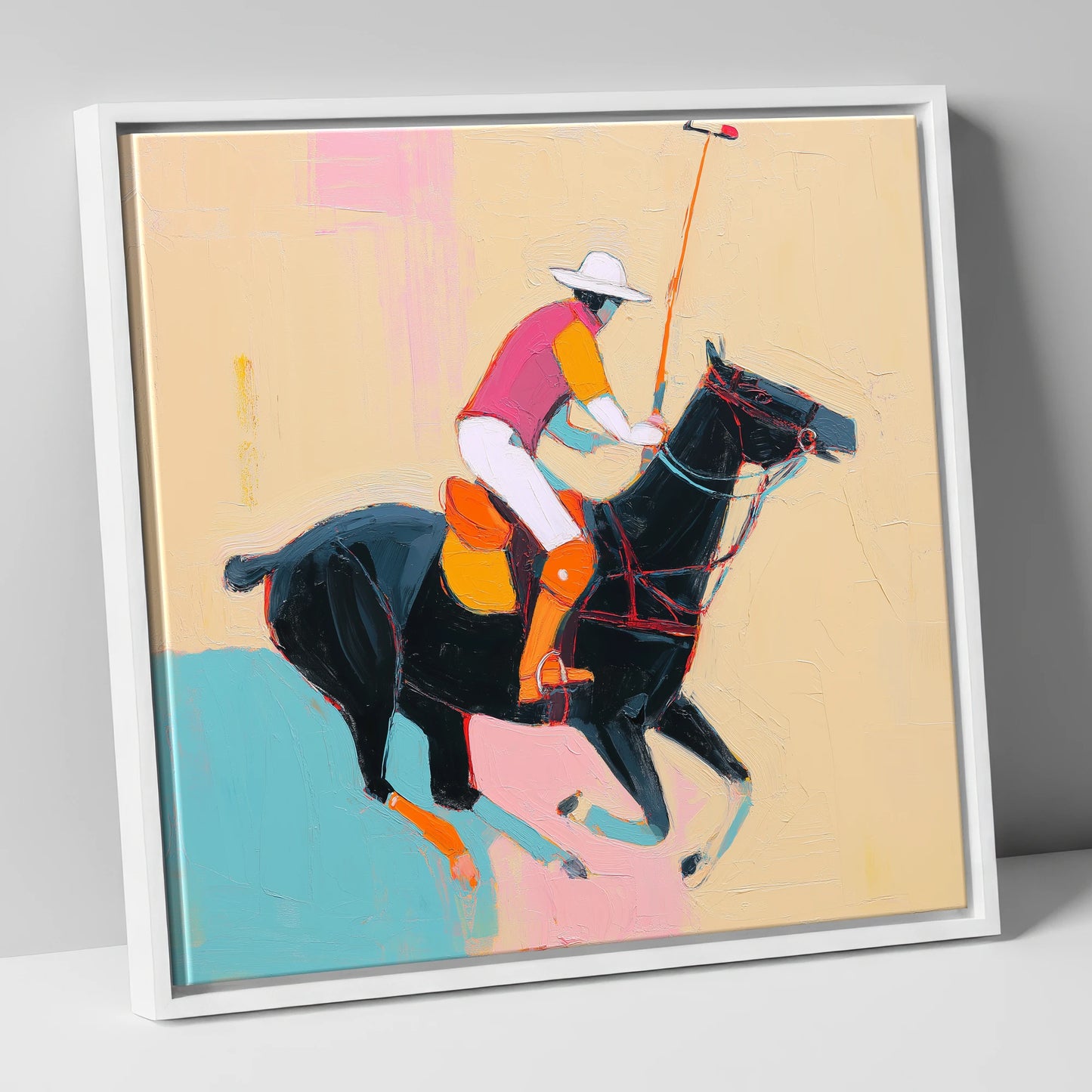 Vibrant Polo Strike polo horse canvas wall art in white frame