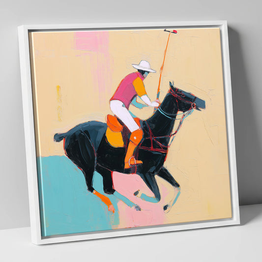 Vibrant Polo Strike polo horse canvas wall art in white frame