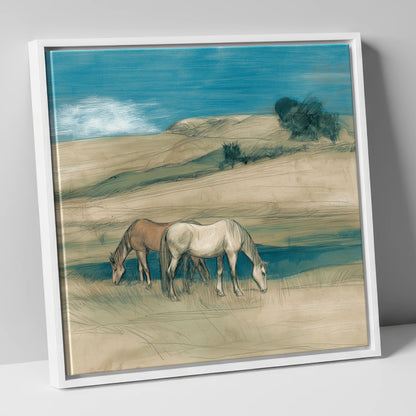 Grazing Beneath Teal Skies horse landscape canvas wall art in white frame