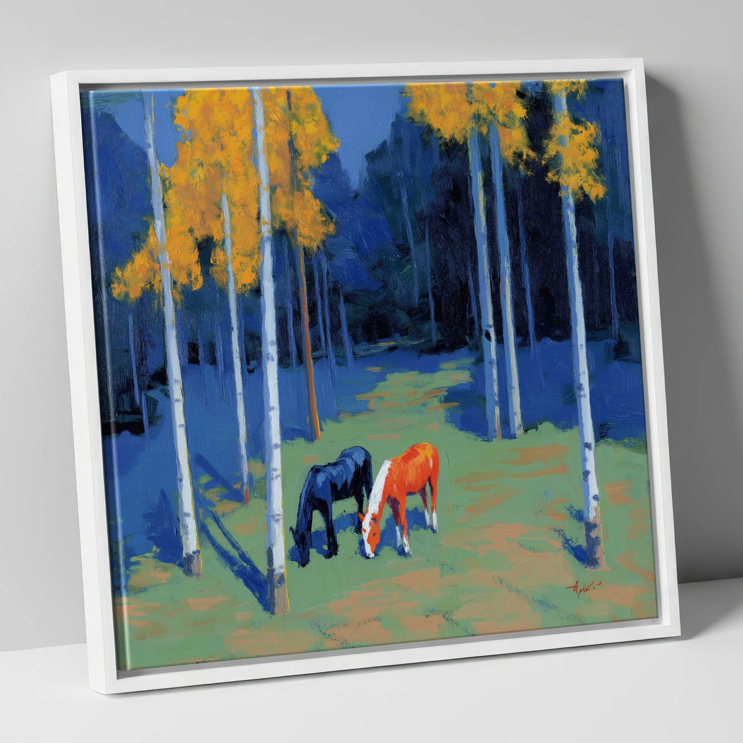 Birch Grove Grazing horse landscape canvas wall art in white frame