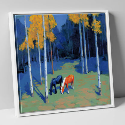 Birch Grove Grazing horse landscape canvas wall art in white frame