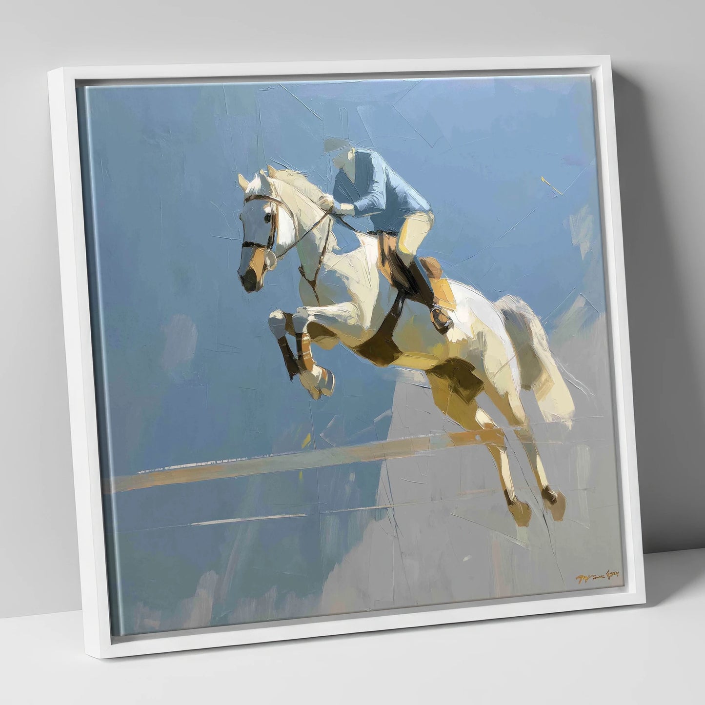 Flight Over Slate show jumping horse canvas wall art in white frame