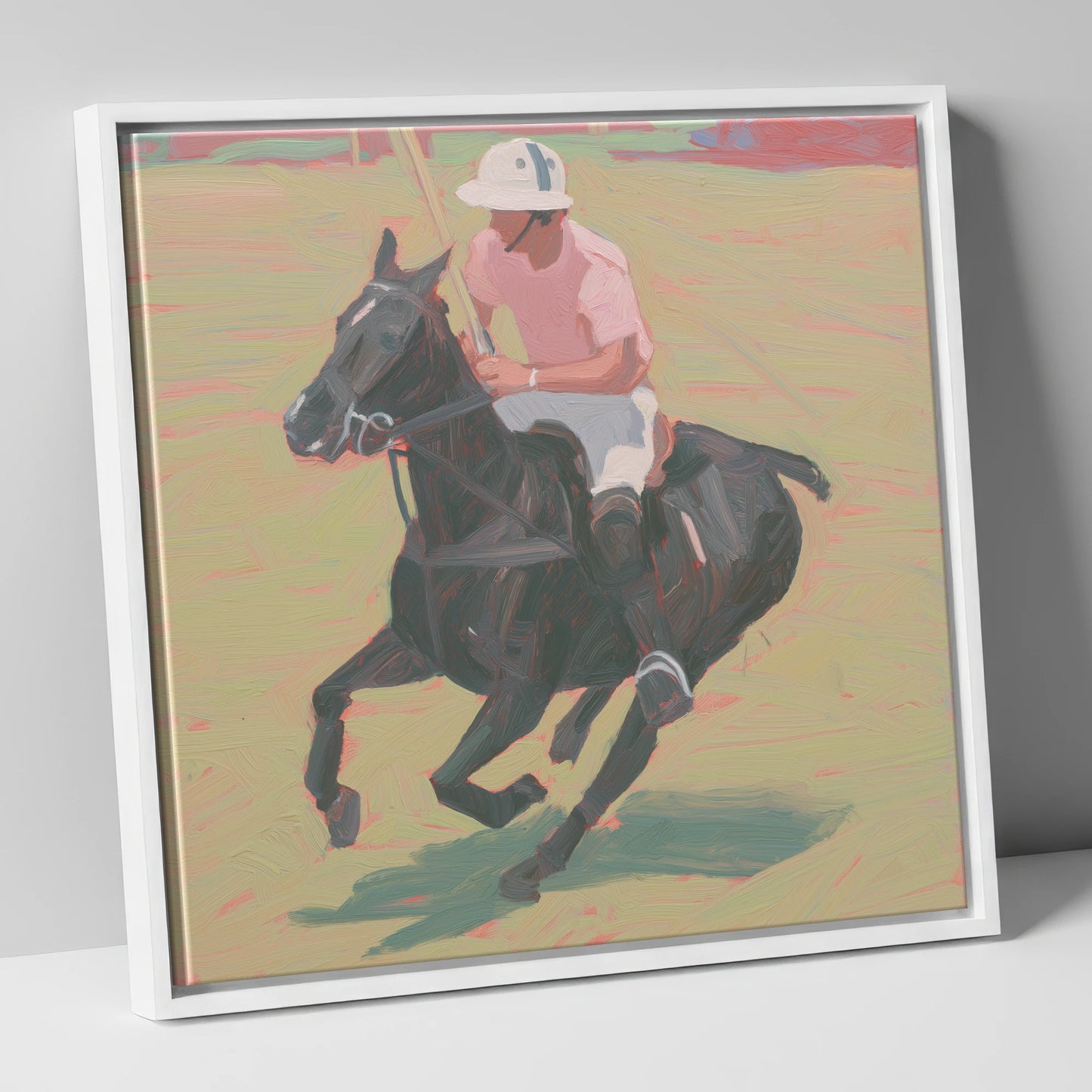 The Pink Chukka polo horse canvas wall art in white frame