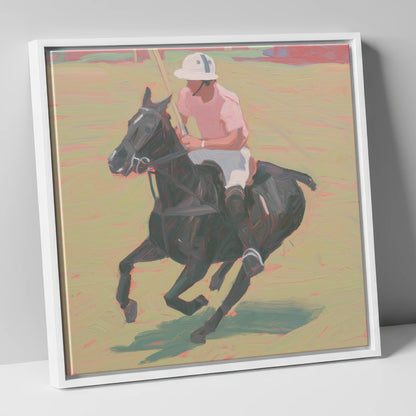 The Pink Chukka polo horse canvas wall art in white frame