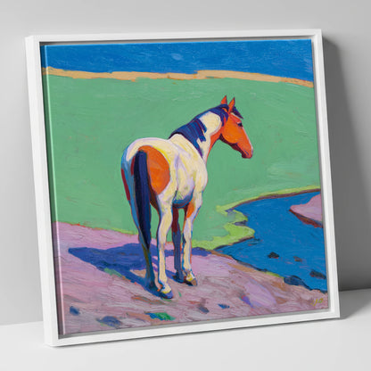 Vibrant Skewbald By The River horse breed canvas wall art in white frame
