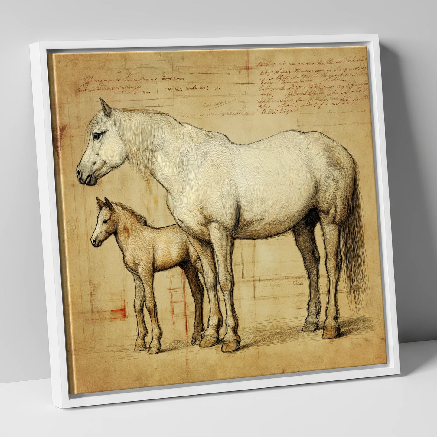 Heritage Mare and Foal Sketch mare & foal canvas wall art in white frame