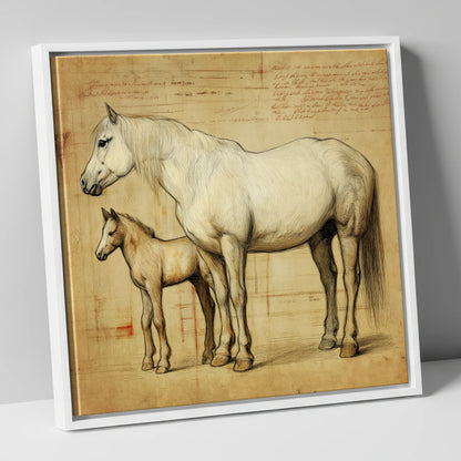 Heritage Mare and Foal Sketch mare & foal canvas wall art in white frame