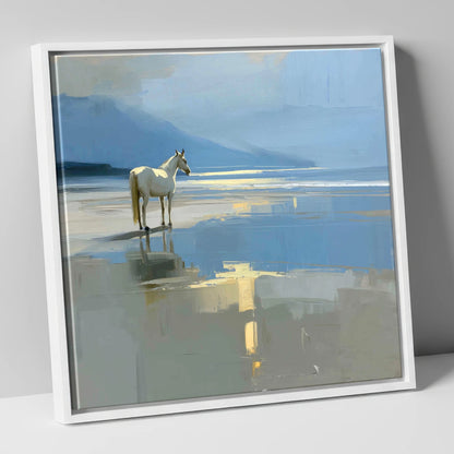Solitary Coastal Gleam horse landscape canvas wall art in white frame