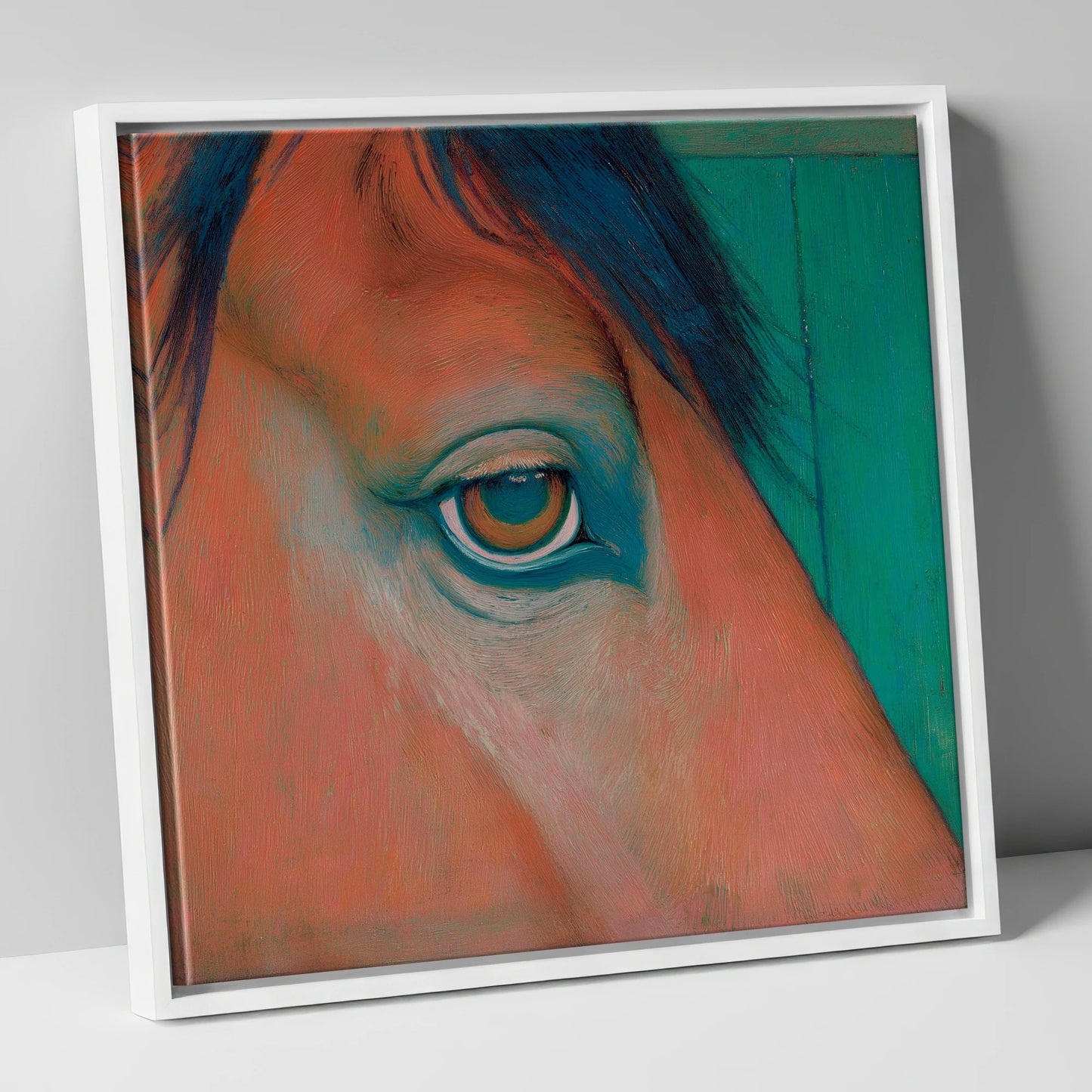 Soulful Emerald Gaze horse portrait canvas wall art in white frame
