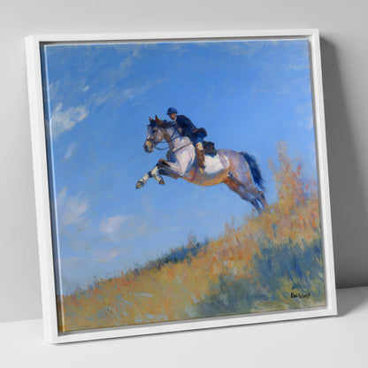 Leap Into the Blue show jumping horse canvas wall art in white frame