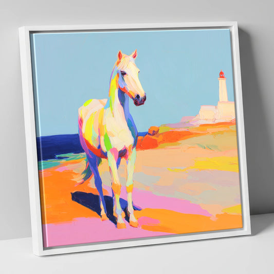 Vibrant Coastal Equine horse landscape canvas wall art in white frame