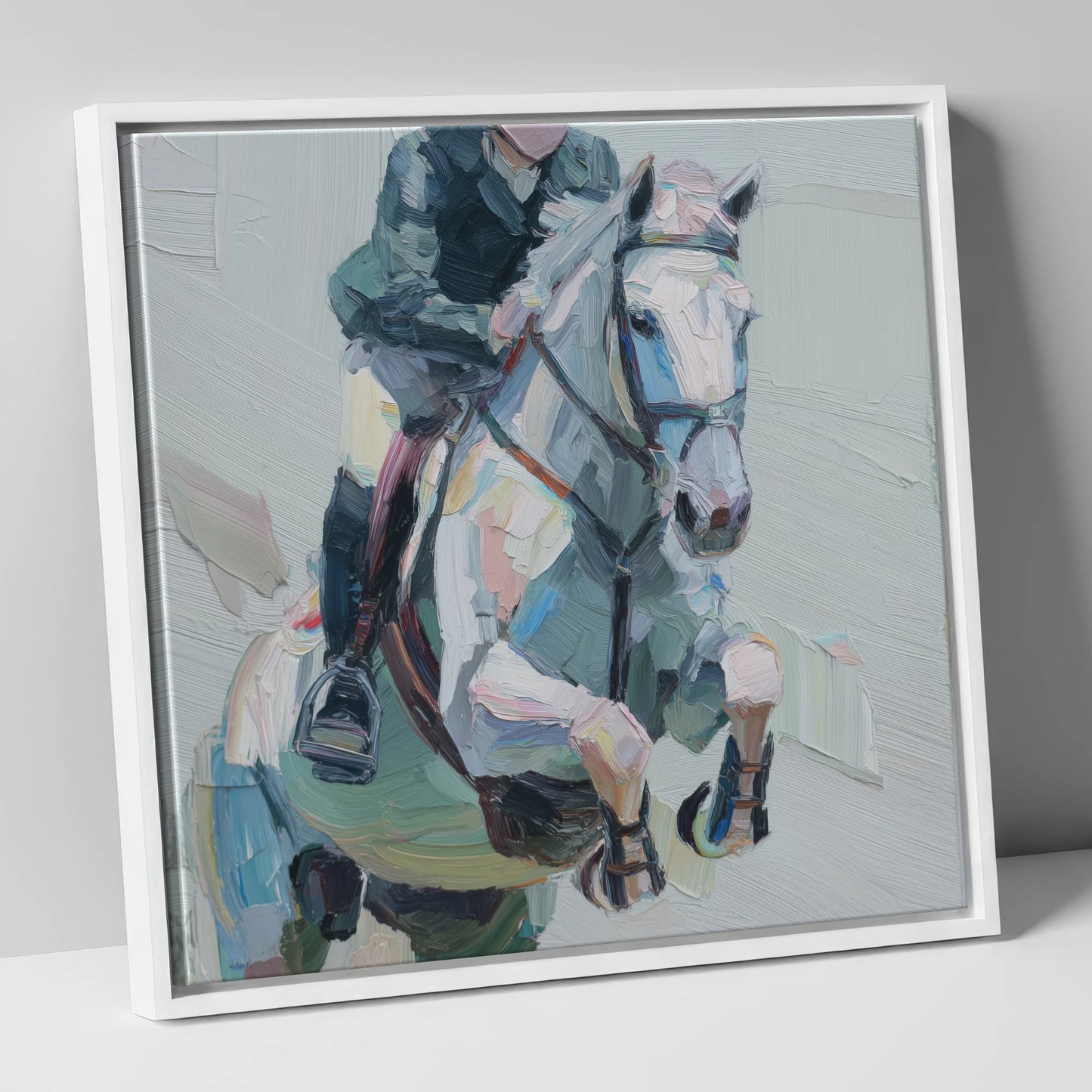 Flight in Grey show jumping horse canvas wall art in white frame