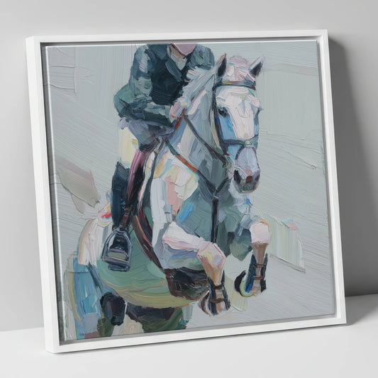 Flight in Grey show jumping horse canvas wall art in white frame
