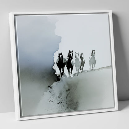 Emerging From the Mist wild horses canvas wall art in white frame