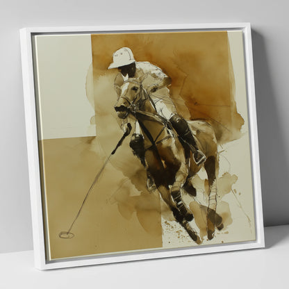 Sepia Polo Charge polo horse canvas wall art in white frame