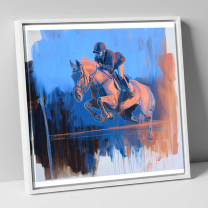 Suspended Over Cobalt show jumping horse canvas wall art in white frame