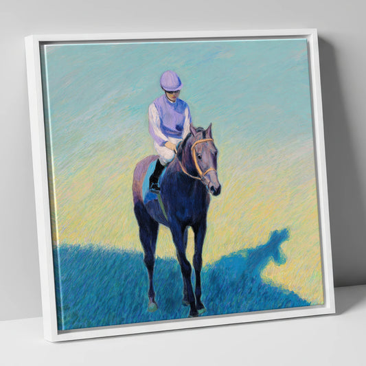 Lavender Silks racing horse canvas wall art in white frame