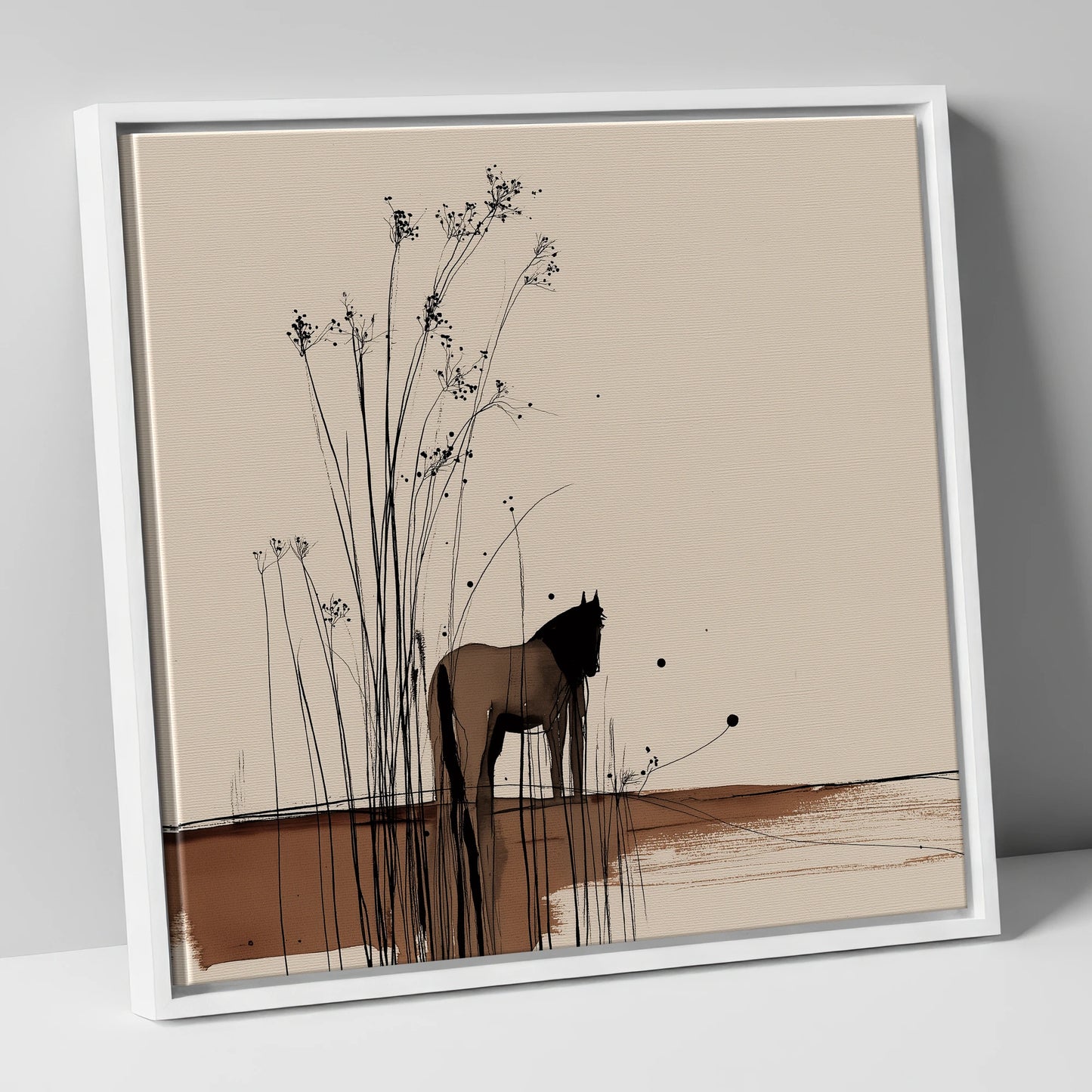 Whispers in the Reeds horse landscape canvas wall art in white frame