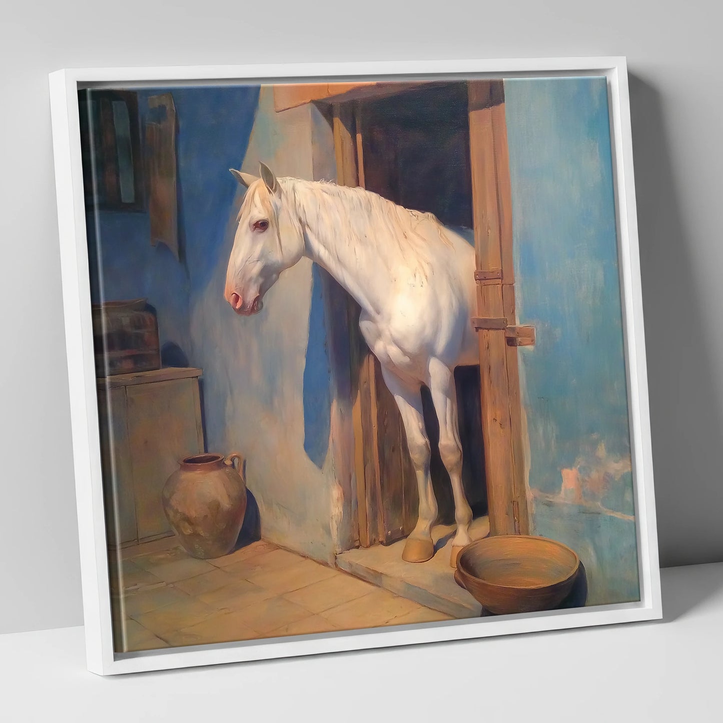 The Blue Stable Door horse stable canvas wall art in white frame