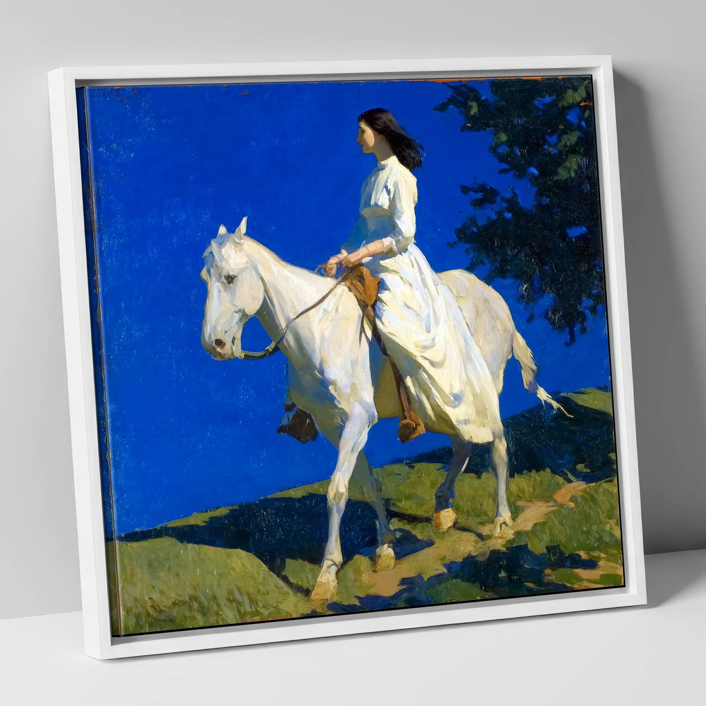 Grace Beneath Azure Skies horse & rider canvas wall art in white frame