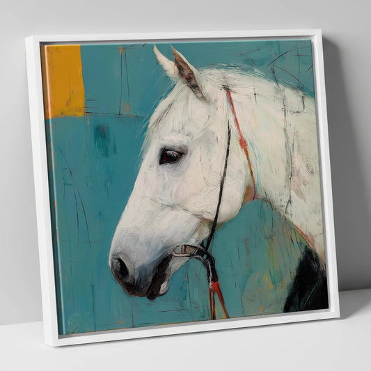 Alabaster Study in Teal horse portrait canvas wall art in white frame