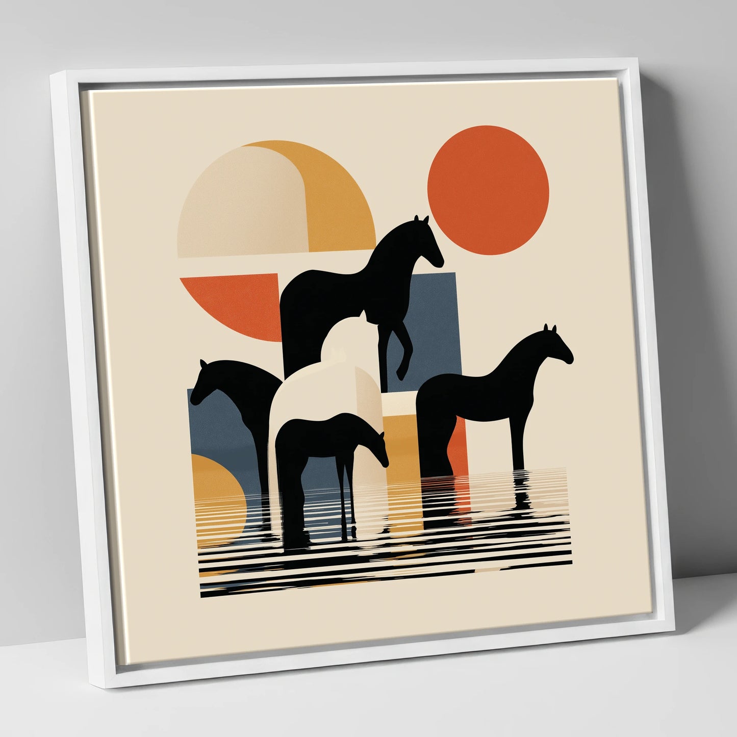 Geometric Equine Reflections wild horses canvas wall art in white frame