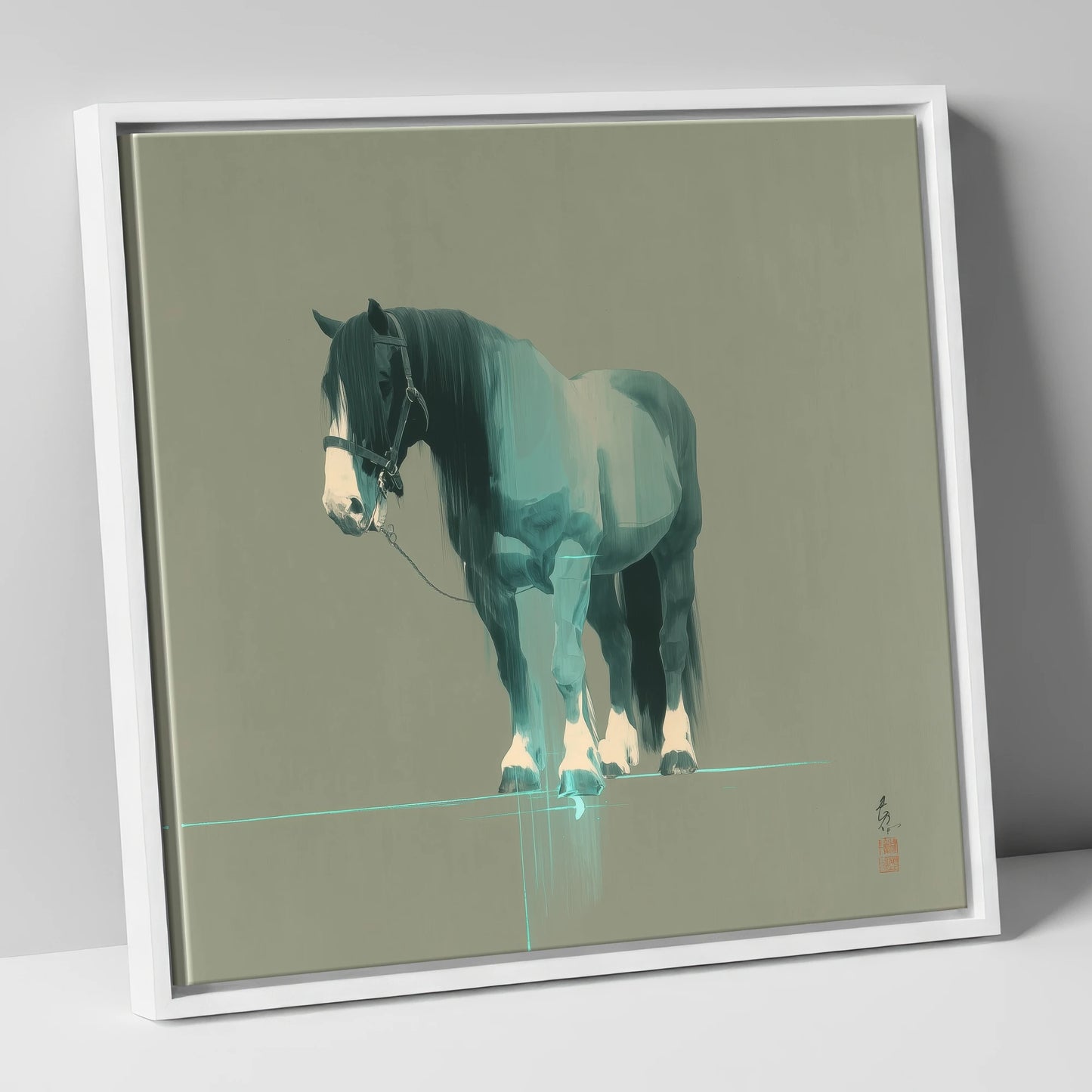 Teal Draught Silhouette horse breed canvas wall art in white frame