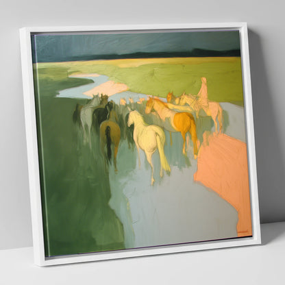 The River Crossing horse landscape canvas wall art in white frame