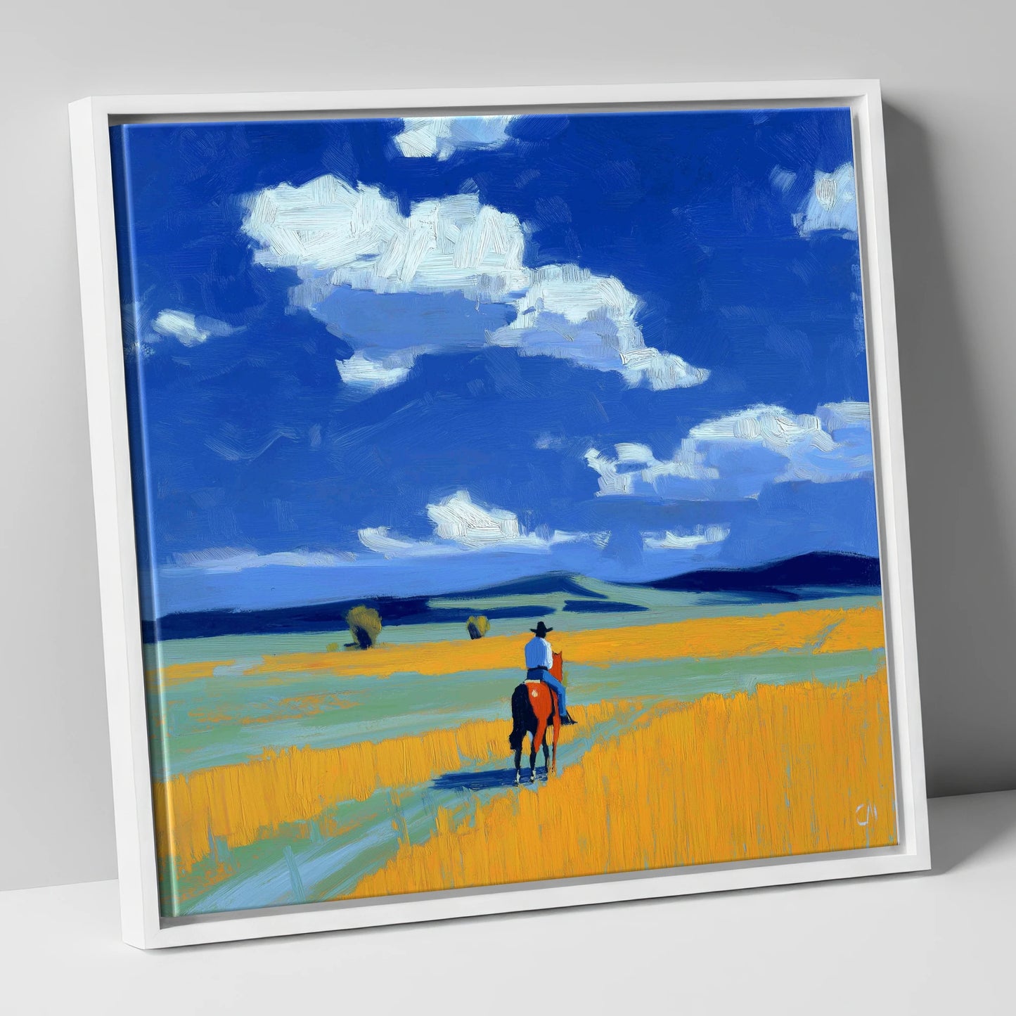 Riding the Big Sky western horse canvas wall art in white frame