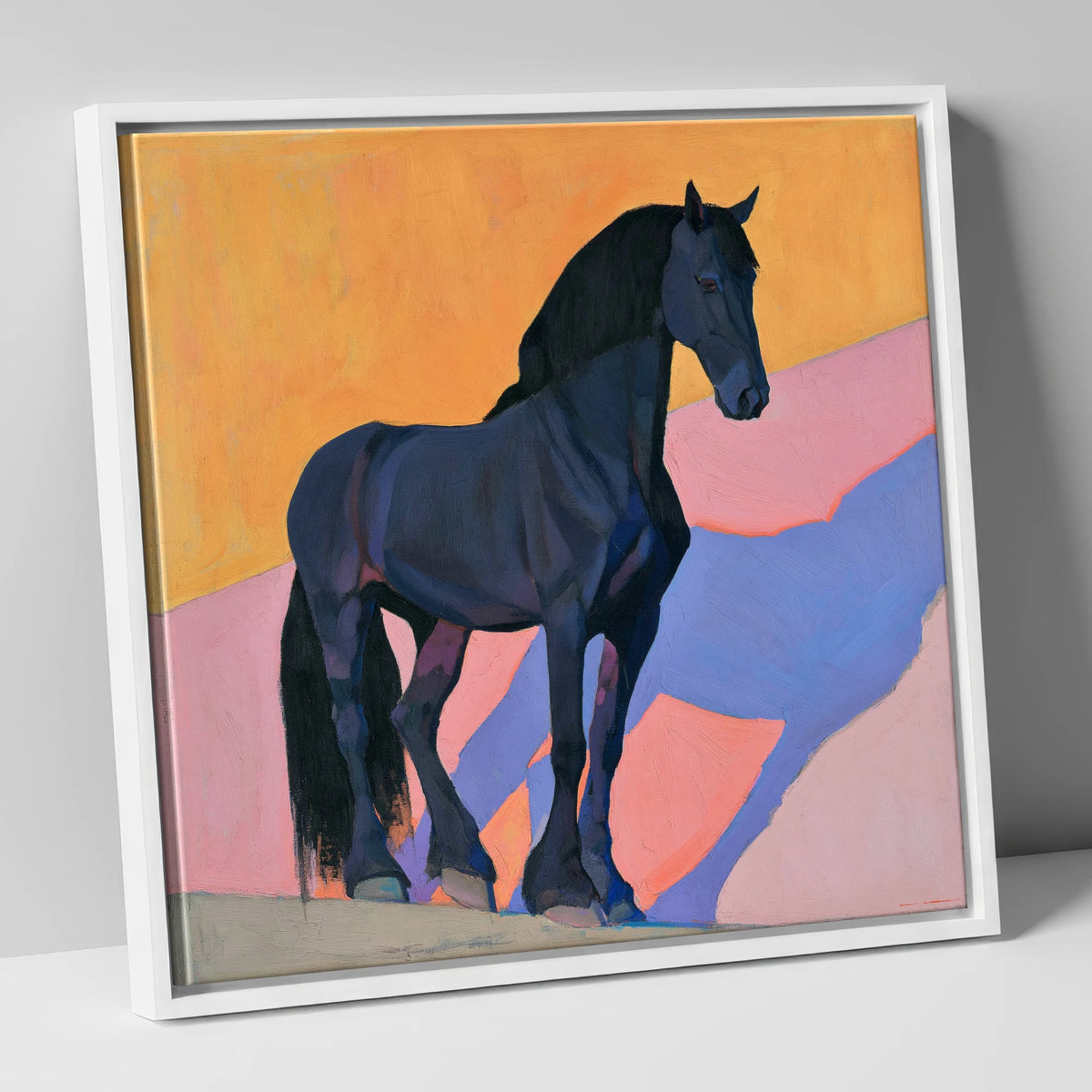 Black Friesian On Vibrant Orange horse breed canvas wall art in white frame