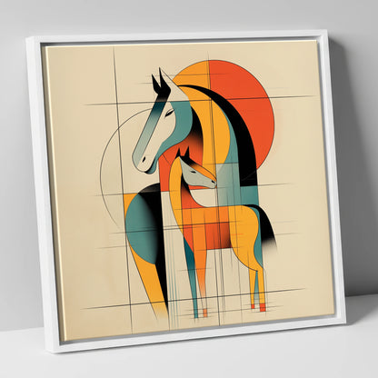 Geometric Equine Bond mare & foal canvas wall art in white frame