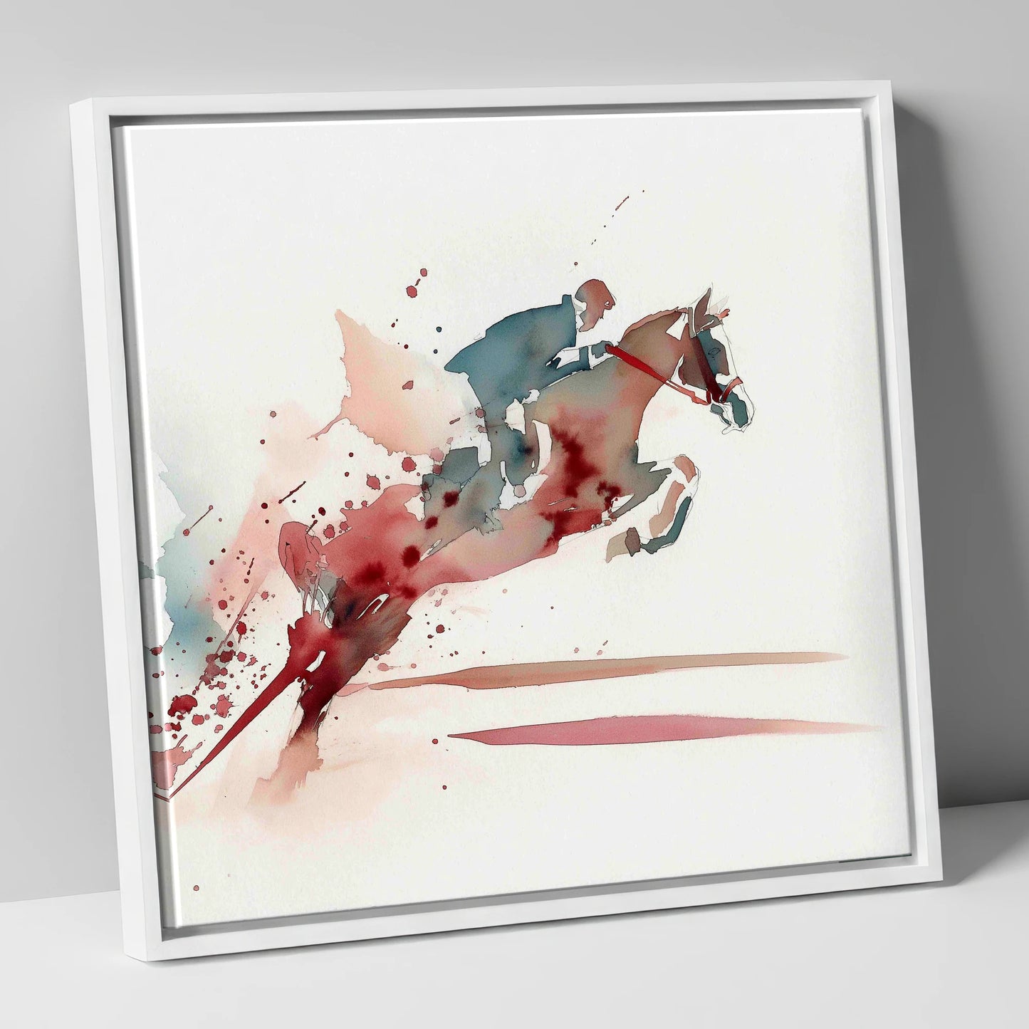 Crimson Ascent show jumping horse canvas wall art in white frame