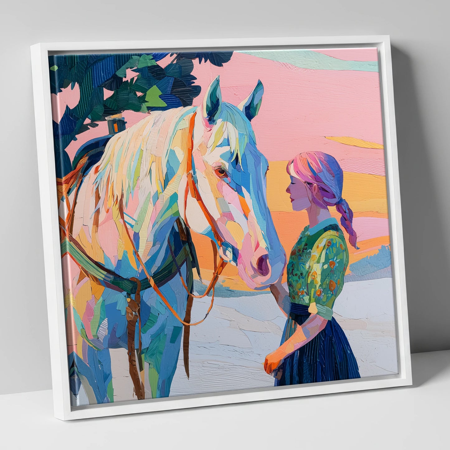 Vibrant Sunset Connection horse & rider canvas wall art in white frame