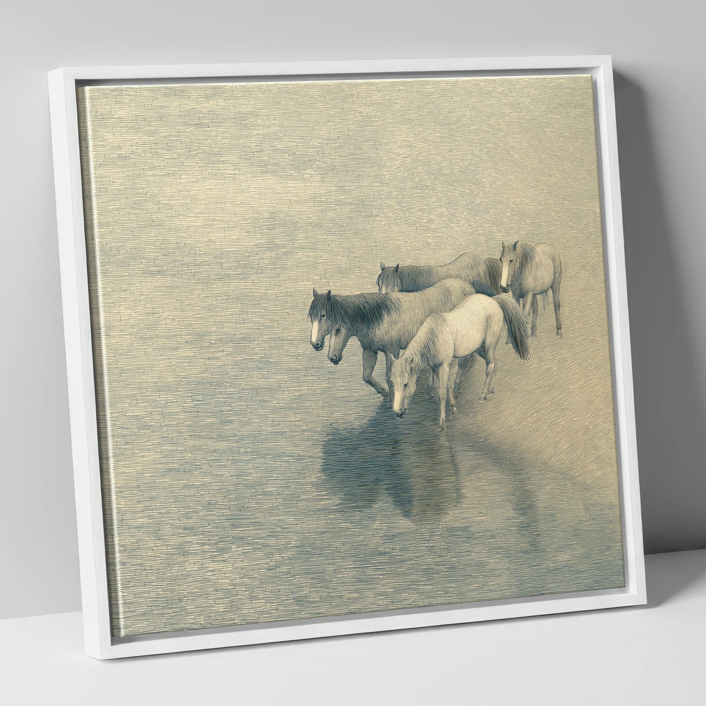 Reflections of the Herd wild horses canvas wall art in white frame
