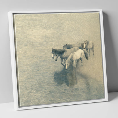 Reflections of the Herd wild horses canvas wall art in white frame