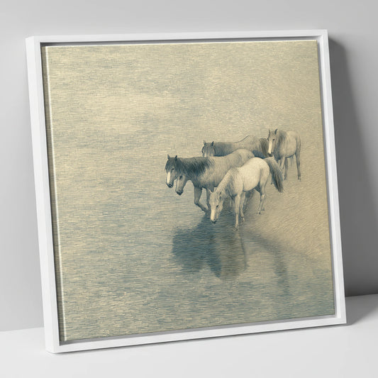 Reflections of the Herd wild horses canvas wall art in white frame