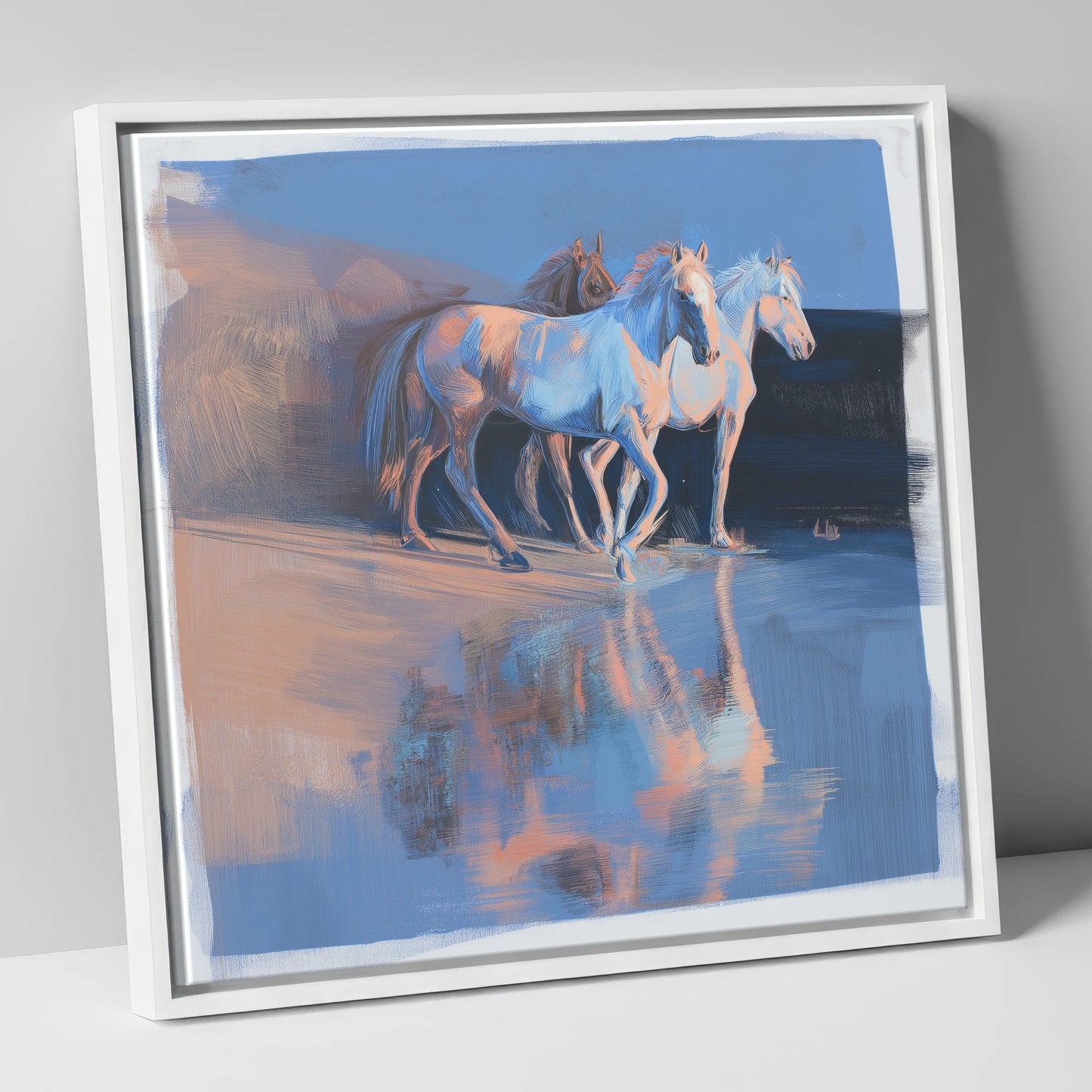 Wild Reflections at Dawn wild horses canvas wall art in white frame