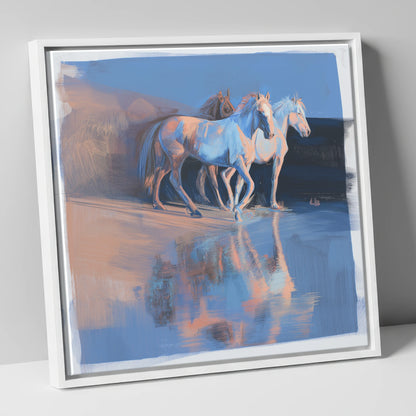 Wild Reflections at Dawn wild horses canvas wall art in white frame