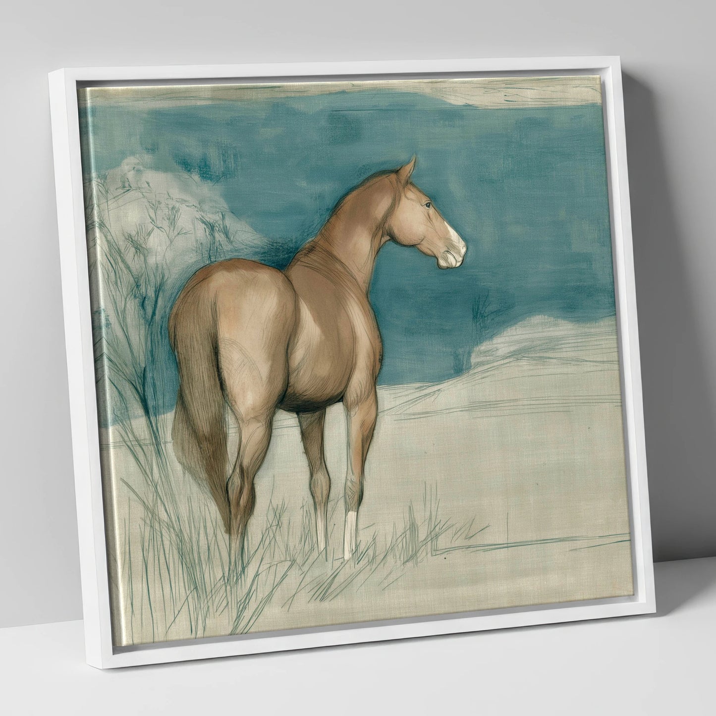 The Quiet Glance horse portrait canvas wall art in white frame