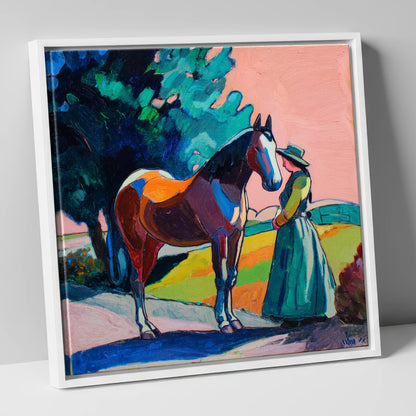 Painted Bond horse & rider canvas wall art in white frame