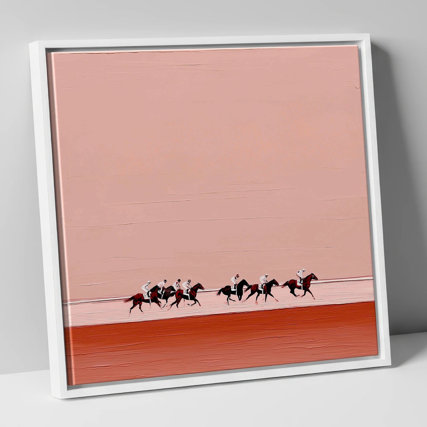 Dusty Rose Gallop racing horse canvas wall art in white frame