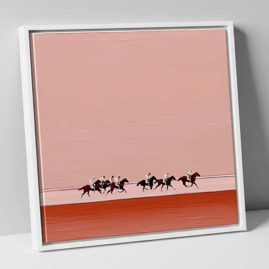 Dusty Rose Gallop racing horse canvas wall art in white frame