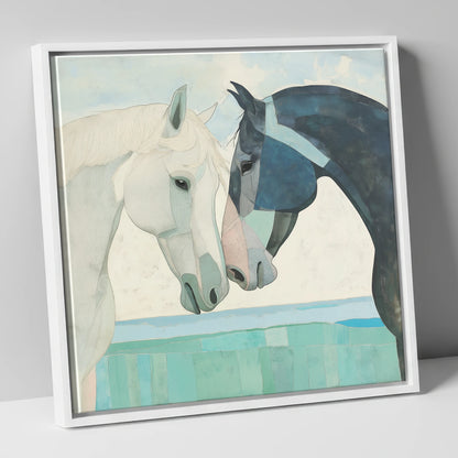 The Gentle Greeting horse portrait canvas wall art in white frame