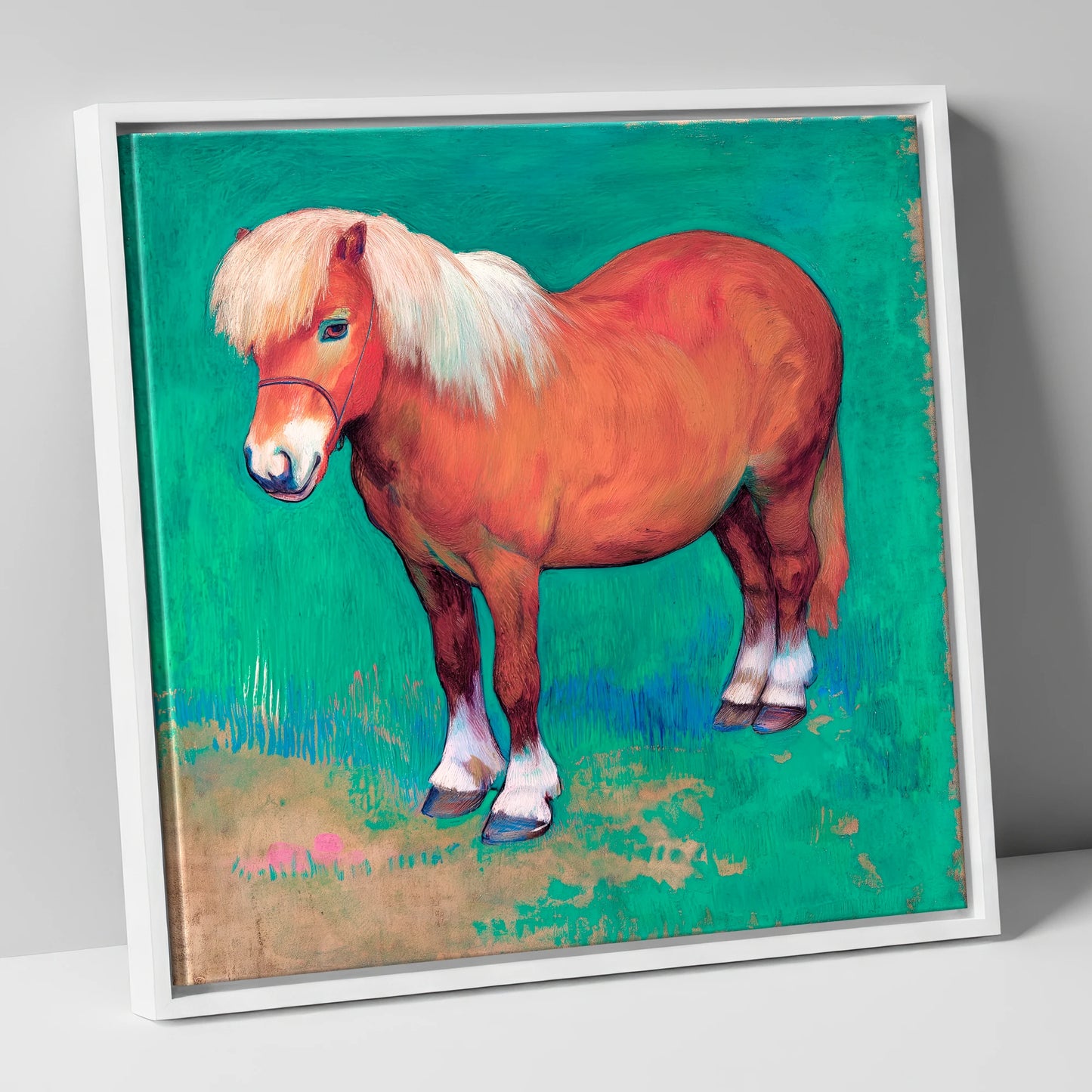 Emerald Chestnut Pony horse breed canvas wall art in white frame