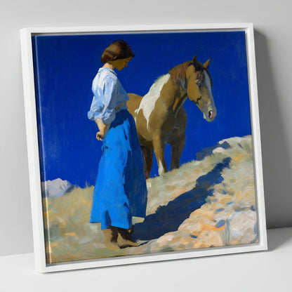 Under the Cobalt Sky horse & rider canvas wall art in white frame