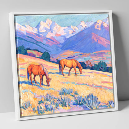 Grazing Beneath Violet Peaks horse landscape canvas wall art in white frame